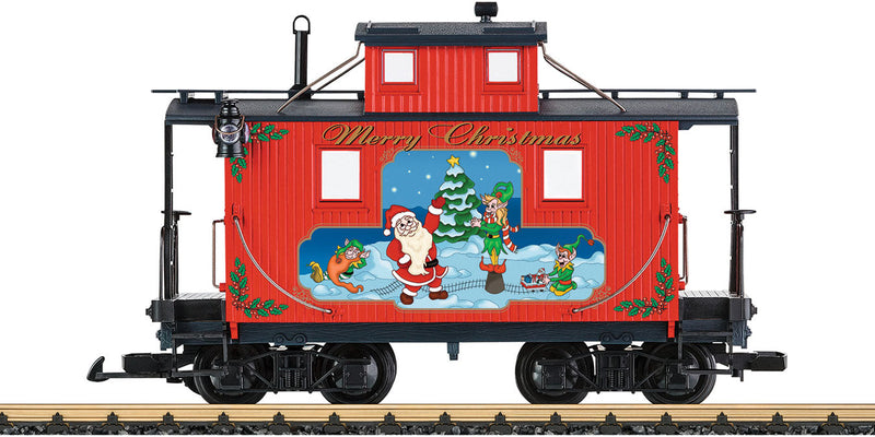 Short Wood-Cupola Caboose - Ready to Run -- Christmas (red, blue, green, black; Santa, Elves, Christmas Tree)
