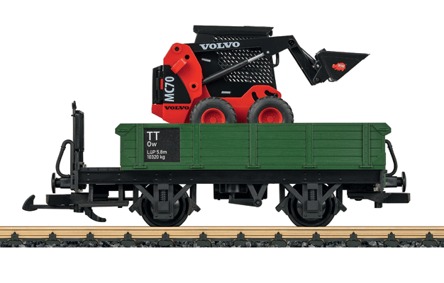 Low Side Car w/Volvo Power Shovel Load - Ready to Run - Toy Train -- Green