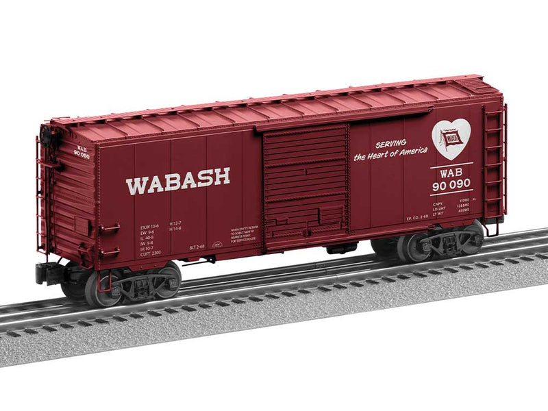 40' Steel Boxcar with Grain Door - 3-Rail - Ready to Run -- Wabash #90090 (Boxcar Red, white, Heart Logo)