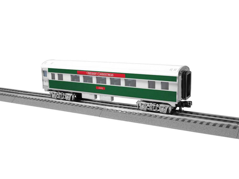 13" Streamlined Coach - Lighted - Ready to Run - 3-Rail -- Christmas #12023 (silver, green, red)