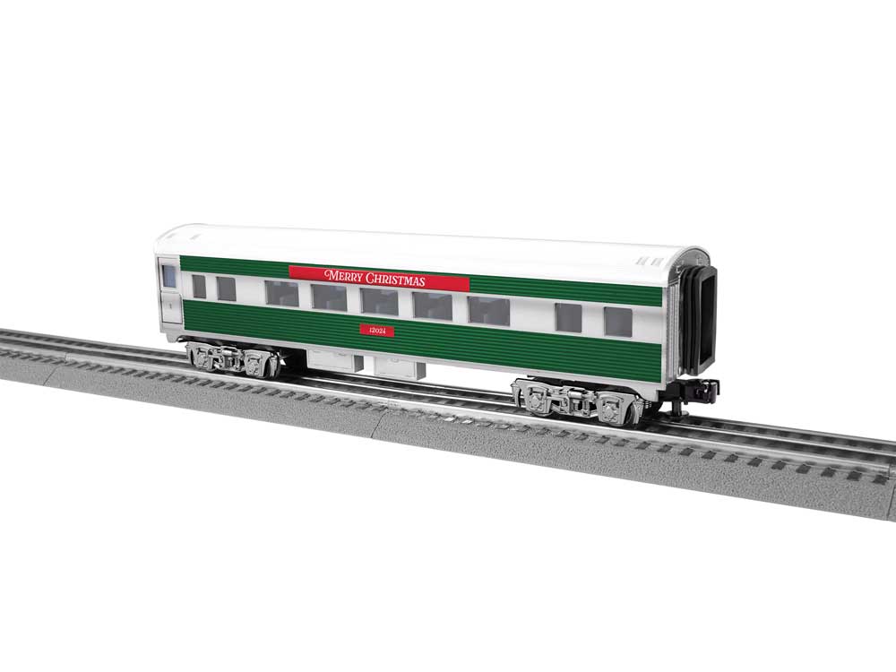 13" Streamlined Coach - Lighted - Ready to Run - 3-Rail -- Christmas #12023 (silver, green, red)