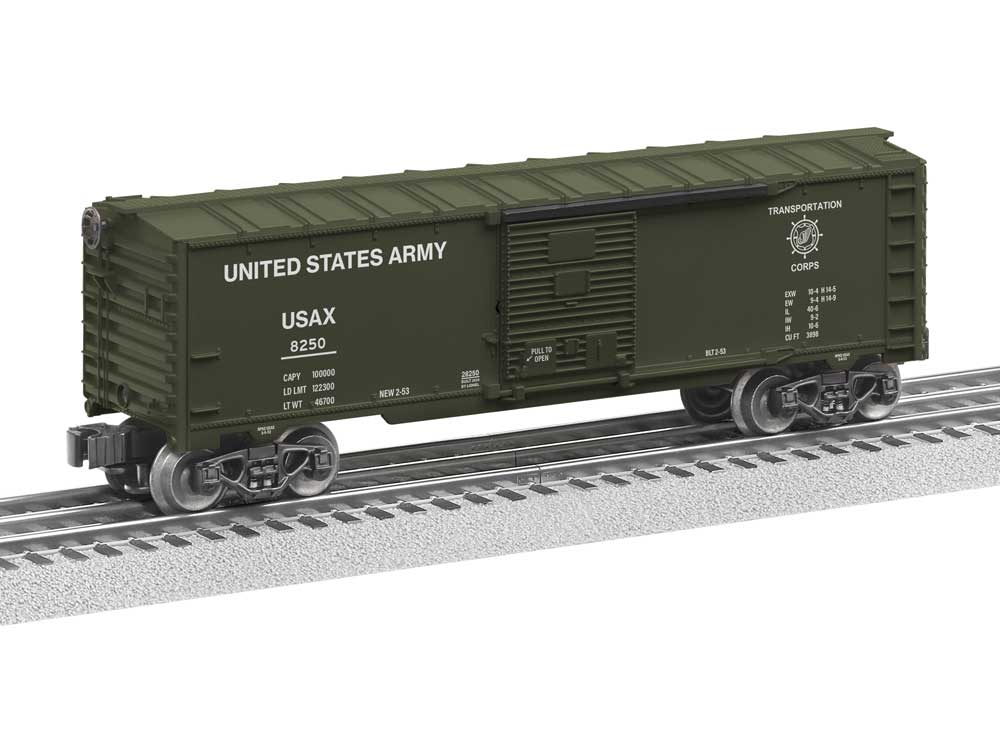 Steel Boxcar - 3-Rail - Ready to Run -- U.S. Army #8250 (olive, white, USATC Logo)