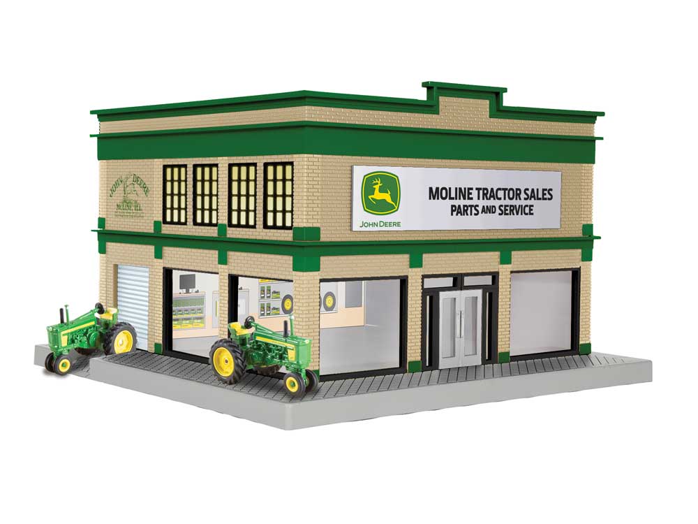 John Deere Showroom with 2 Tractors & Interior Lights -- Assembled - 9-3/8 x 9-3/8 x 6-3/8" 23.8 x 23.8 x 16.2cm-1