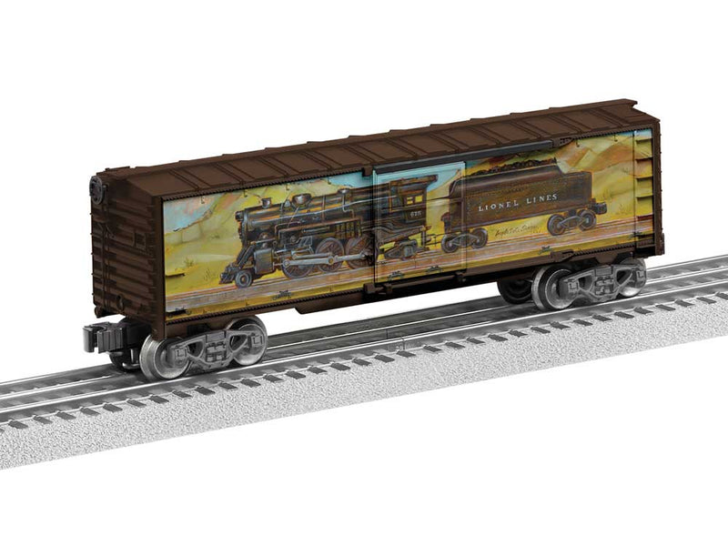 Steel Boxcar - 3-Rail - Ready to Run -- Angela Trotta Thomas (Prairie, Boxcar Red, Locomotive Artwork)