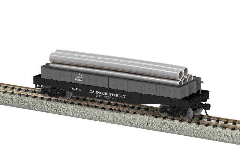 40' Flatcar w/Wood Sides (Gondola) & Pipe Load - Ready to Run -- Carnegie Steel #4110 (black, Boxcar Red)