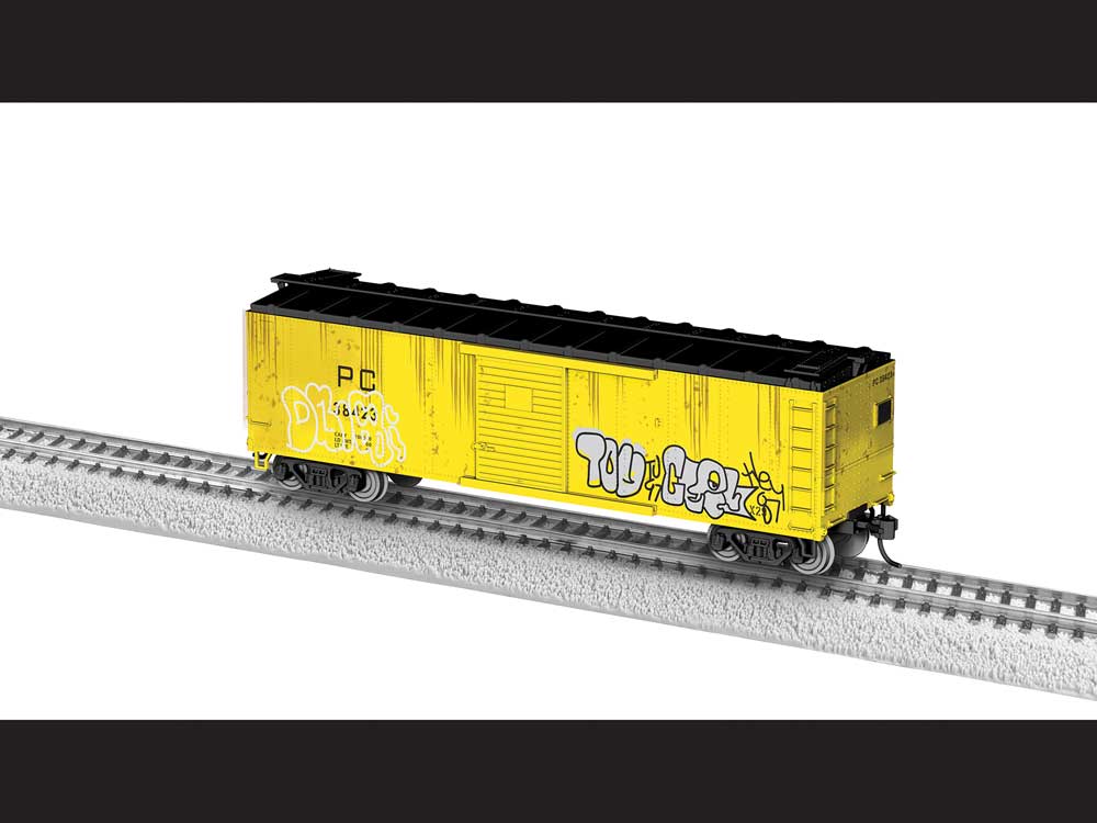40' Steel Flat-End Boxcar - Ready to Run -- Penn Central #38423 (MOW yellow, black, graffiti)-2