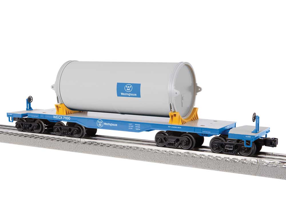 8-Axle Heavy-Duty Flatcar w/Canister Load - 3-Rail - Ready to Run -- Westinghouse WECX #7100 (blue, gray)