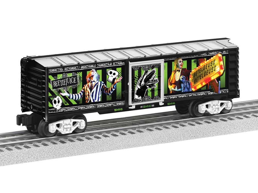Steel Boxcar with Lights - 3-Rail - Ready to Run -- Beetlejuice Movie #1988 (black, green, silver, orange)