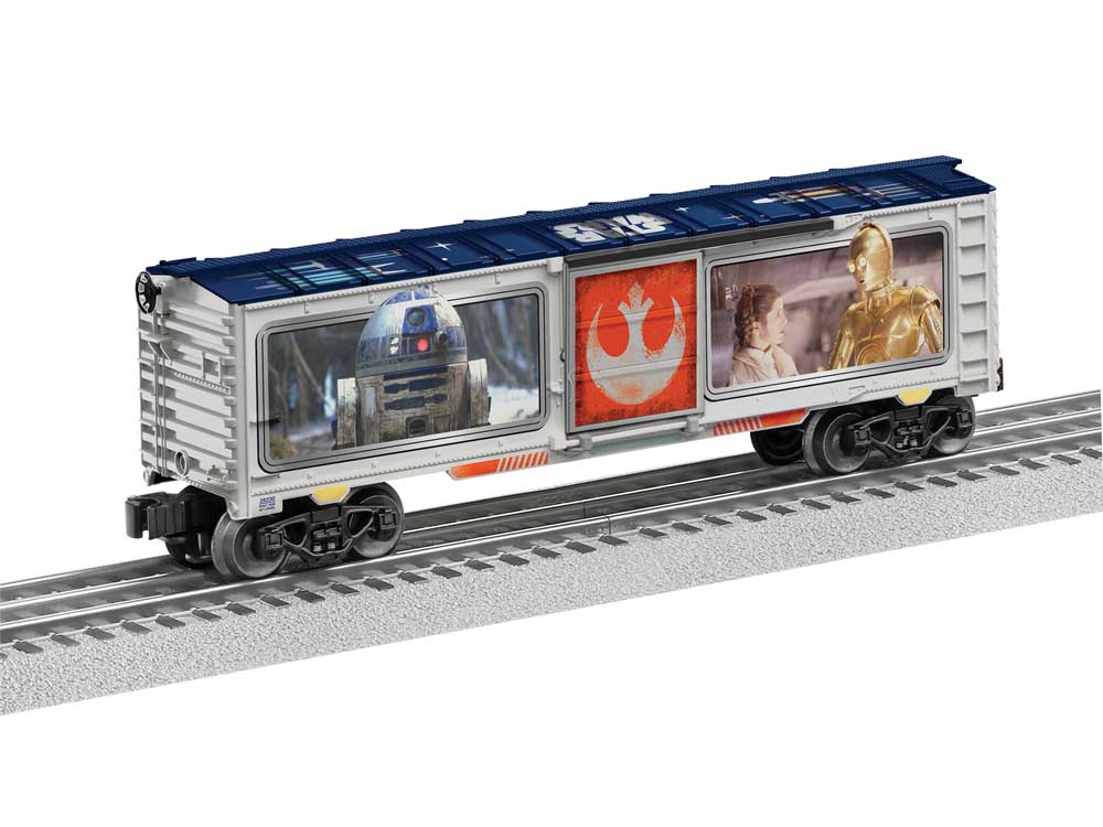 Steel Boxcar - 3-Rail - Ready to Run -- Star Wars(TM) R2D2, C3PO, Princess Leia (silver, blue, Full Color; Rebel Logo)-1