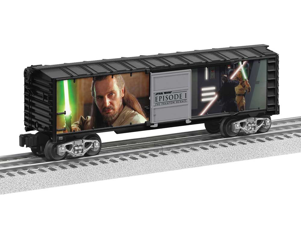 Steel Boxcar with Illuminated Light Sabers - 3-Rail - Ready to Run -- Star Wars(TM) Darth Maul vs. Qui-Gon Jin (black, Ful-Color Sides)-1