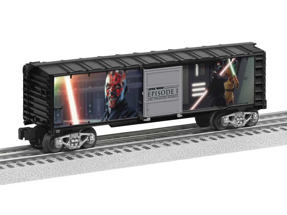 Steel Boxcar with Illuminated Light Sabers - 3-Rail - Ready to Run -- Star Wars(TM) Darth Maul vs. Qui-Gon Jin (black, Ful-Color Sides)-2