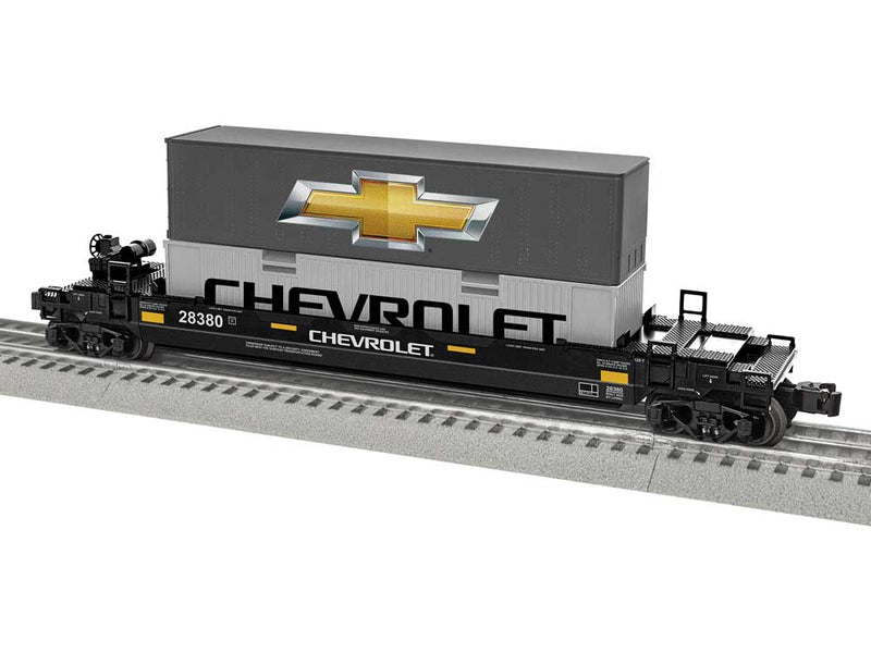 Maxi-Stack Well Car with 2 Containers - 3-Rail - Ready to Run -- Chevrolet #28380 (black, white, gold)