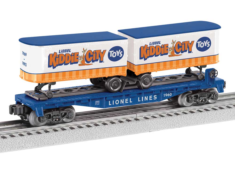 Intermodal TOFC Flatcar w/2 Trailers - 3-Rail - Ready to Run -- Lionel Kiddie City (blue, white, orange)