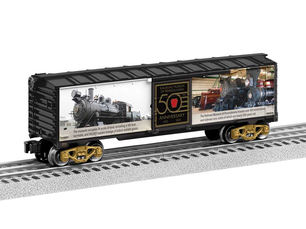 Steel Boxcar - 3-Rail - Ready to Run -- Railroad Museum of Pennsylvania 50th Anniversary (black car)-1