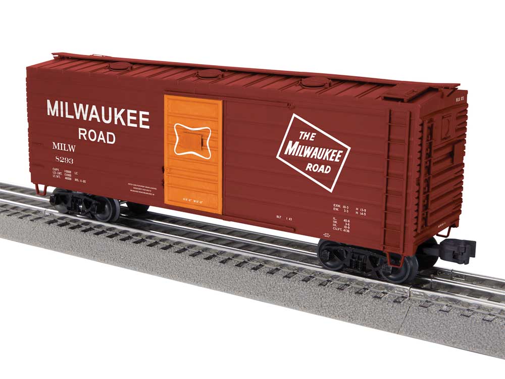 40' Rib-Side Boxcar w/Hatches - 3-Rail - Ready to Run -- Milwaukee Road #8293 (Boxcar Red, orange, Large Roadname, TMR Logo)