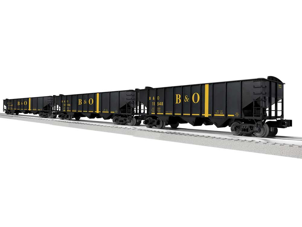 3-Bay Hopper Peaked Ends 3-Pack - Scale 3-Rail - Ready to Run -- Baltimore & Ohio #11548, 12146, 12689 (black, yellow)