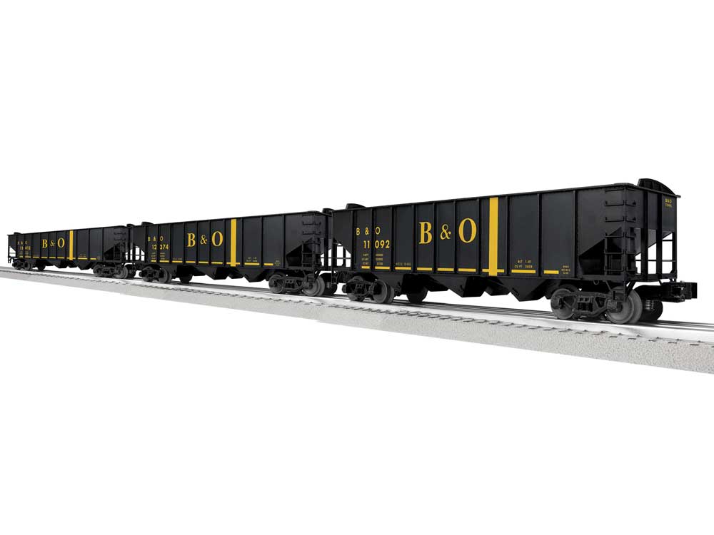3-Bay Hopper Peaked Ends 3-Pack - Scale 3-Rail - Ready to Run -- Baltimore & Ohio #13012, 12374, 11092 (black, yellow)