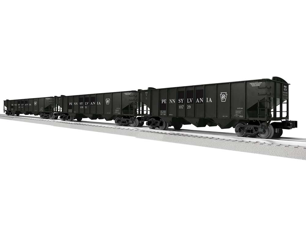 3-Bay Hopper Peaked Ends 3-Pack - Scale 3-Rail - Ready to Run -- Pennsylvania Railroad #10729, 10831, 11024 (Patched, black, white)