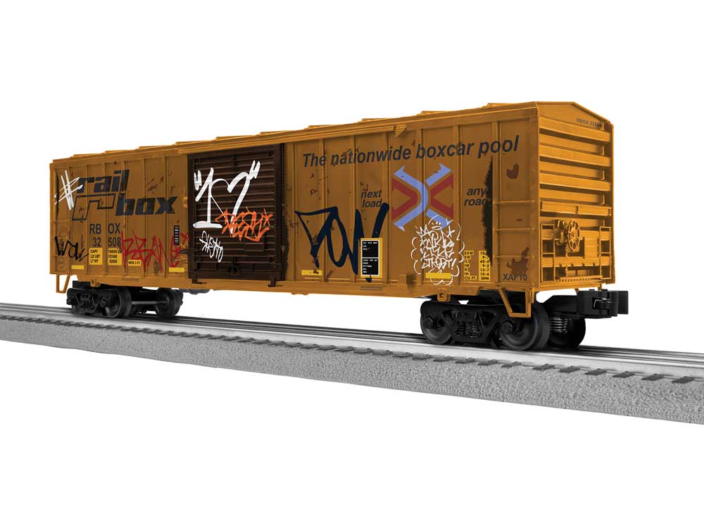 ACF 50' Boxcar - 3-Rail - Ready to Run -- Railbox #32508 (Weathered, yellow, black, graffiti)-2