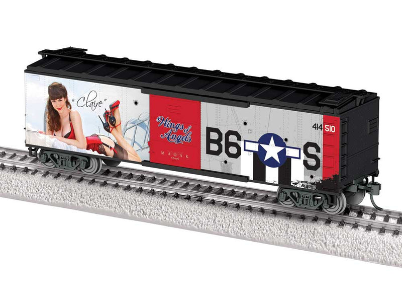 40' Steel Flat-End Boxcar - Ready to Run -- Wings of Angels (Claire, black, red, gray, Military Pin-Up Model Graphics)-1