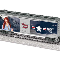 40' Steel Flat-End Boxcar - Ready to Run -- Wings of Angels (Lisa Marie; silver, blue; Military Pin-Up Model Graphics)