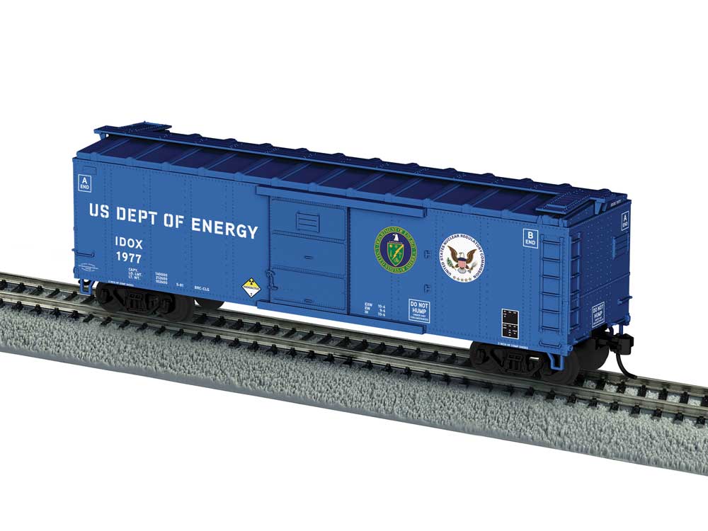 40' Steel Flat-End Boxcar with Sound - Ready to Run -- U.S. Department of Energy IDOX #1977 (blue, white, Glow in the Dark)-1