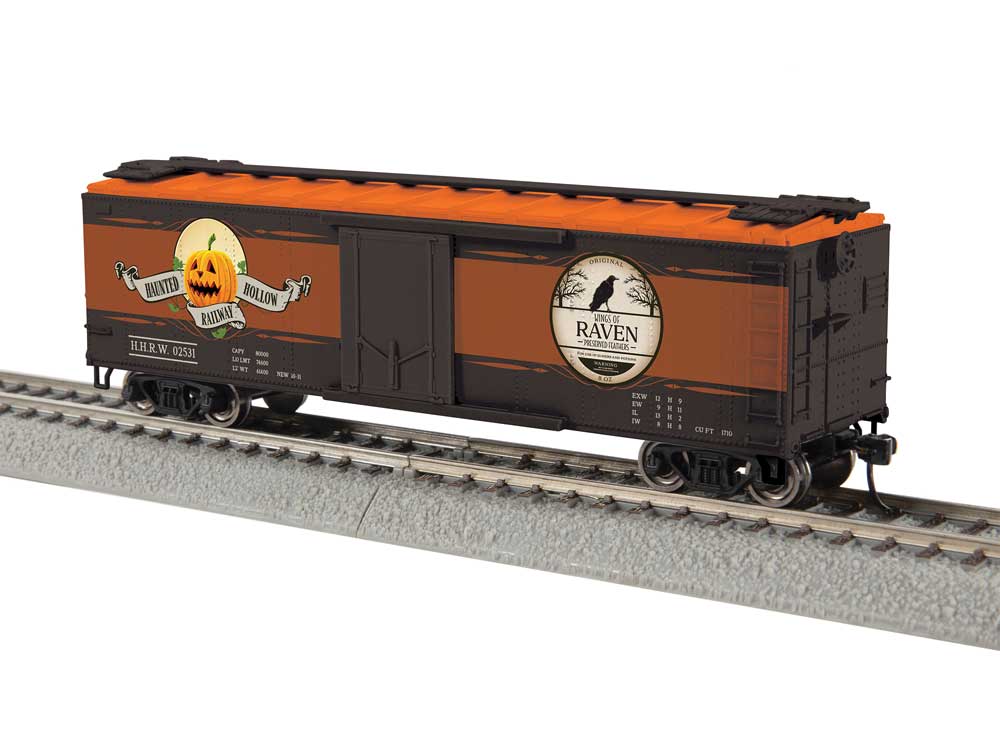 40' Steel Flat-End Boxcar - Ready to Run -- Wings of Raven HHRW #02531 (black, orange)