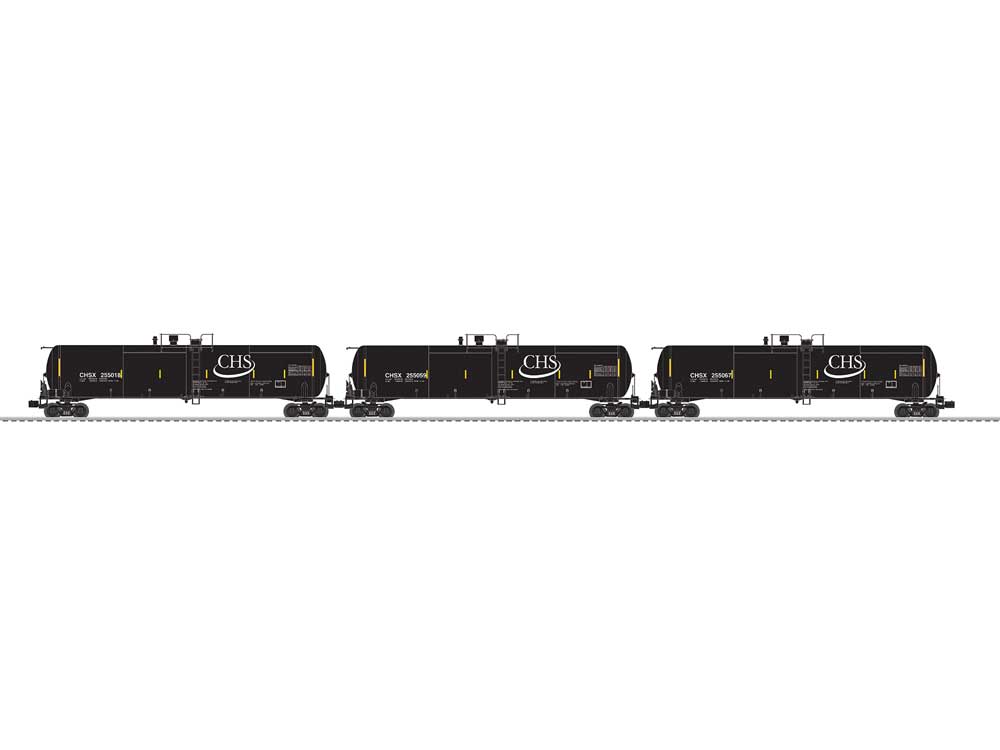 30,000-Gallon Tank Car - 3-Rail - Ready to Run - 3-Pack -- CHS #255018, 255059, 255067 (black, white, yellow conspicuity marks)