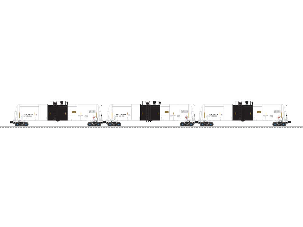 30,000-Gallon Tank Car - 3-Rail - Ready to Run - 3-Pack -- Trinity Industries Leasing TILX #351129, 351176, 351231 (white, black)