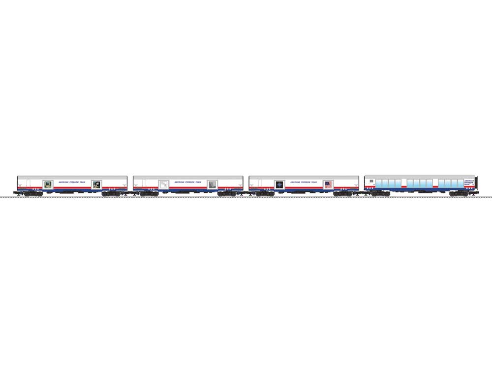 18" Streamlined 3 Exhibit & 1 Showcase Display Car - 3-Rail - Ready to Run -- American Freedom Train (white, red, blue)