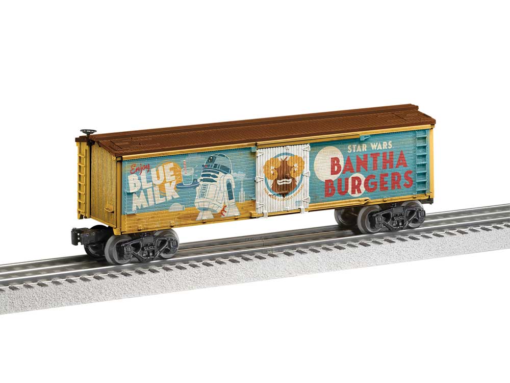 Wood Reefer w/Horizontal Siding - 3-Rail - Ready to Run -- Star Wars(TM) Bantha Burgers (rust, blue, white, brown)-2