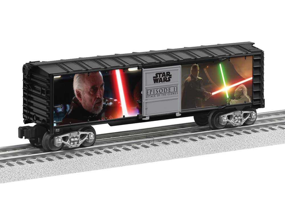 Steel Boxcar with Illuminated Side - 3-Rail - Ready to Run -- Star Wars(TM) Yoda v. Dooku (black, silver, Full-Color Lighted Scenes)-2
