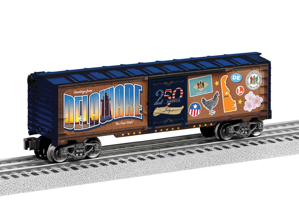 Steel Boxcar - 3-Rail - Ready to Run -- Delaware (50 States Series, brown, blue, Color Graphics)