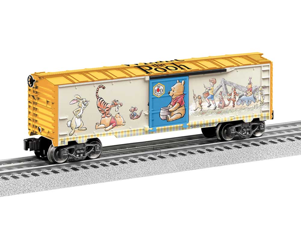 Steel Boxcar - 3-Rail - Ready to Run -- Winnie the Pooh (100th Anniversary, yellow, off-white, Full-Color Sides)-1