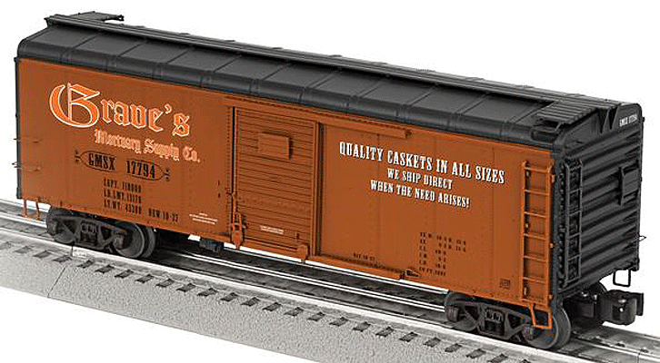 Pennsylvania Railroad X31A 40' Round-Roof Boxcar - 3-Rail - Ready to Run -- Grave's Mortuary Supply #17794 (Halloween Car; Boxcar Red, black, orange)