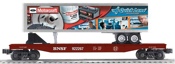 K-Line by Lionel Scale Flatcar w/Trailer Load - Ready to Run 3-Rail -- Burlington Northern Santa Fe w/Ford Motorcraft(R) Trailer