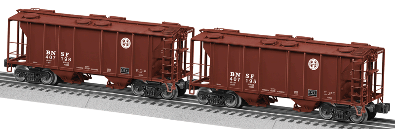 PS-2 2-Bay Covered Hopper 2-Pack - 3-Rail - Ready to Run -- Burlington Northern & Santa Fe #407198, 407195 (Boxcar Red, Circle/Cross Log