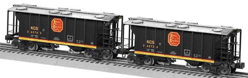 PS-2 2-Bay Covered Hopper 2-Pack - 3-Rail - Ready to Run -- Kansas City Southern #265742, 265734 (black, red, yellow, silver)