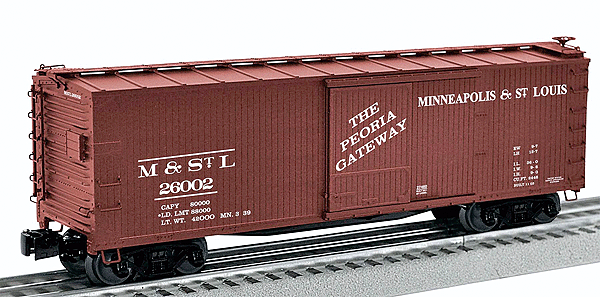 Double-Sheathed Wood Boxcar - 3-Rail - Ready to Run -- Minneapolis & St. Louis #26002 (Boxcar Red, The Peoria Gateway Slogan)