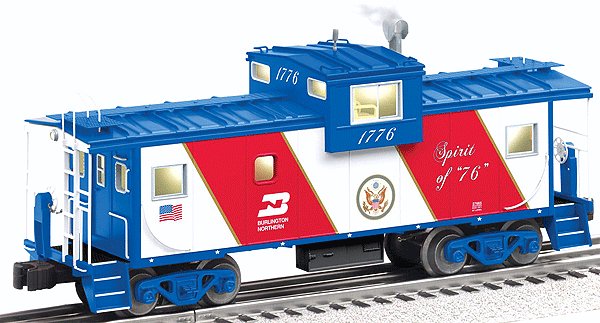 Extended-Vision Caboose w/Lights & Smoke - 3-Rail - Ready to Run -- Burlington Northern #1776 (Bicentennial, red, white, blue)