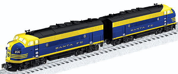 Diesel Scale EMD F3 A-A Set w/RailSounds & Smoke - 3-Rail - Legacy Control -- Santa Fe #200 (Powered), 201 (UnPowered) (Cat Whisker; blue, yellow)
