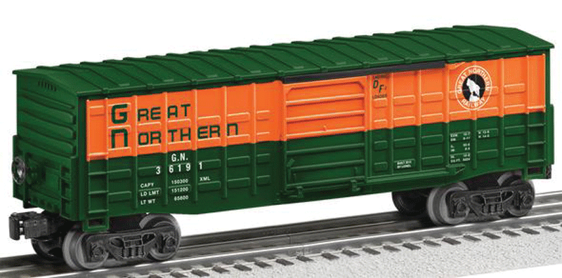 Waffle-Side Steel Boxcar - 3-Rail - Ready to Run -- Great Northern #36191 (Green, Omaha Orange, Silhouette Rocky Logo)