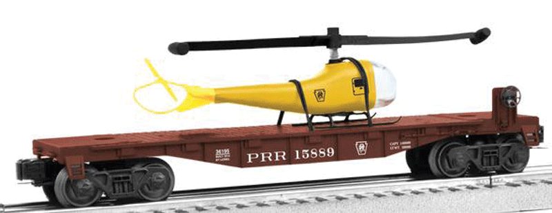 Flatcar w/Partol Helicopter Load - 3-Rail - Ready to Run -- Pennsylvania Railroad #15589 (Tuscan, yellow Helicopter)
