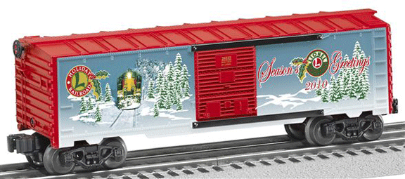 Steel Boxcar - Ready to Run - 3-Rail -- Lionel 2010 Holiday Car (Christmas Scheme, blue, white, red)