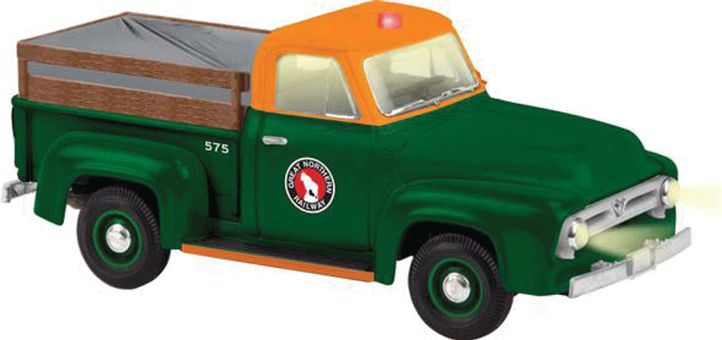 1955 MOW Pickup Truck w/Railroad Wheels - 3-Rail w/Command Control -- Great Northern #575 (green, Omaha Orange)