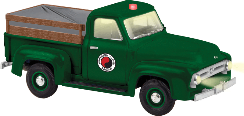 1955 MOW Pickup Truck w/Railroad Wheels - 3-Rail w/Command Control -- Northern Pacific #54 (green, Monad Logo)