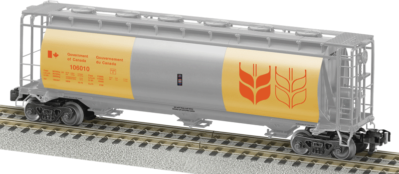 Scale 3-Bay Cylindrical Covered Hopper - Ready to Run - American Flyer(R) -- Government of Canada #106010 (silver, yellow, orange)-1