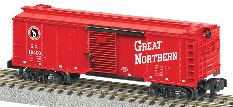 Steam RailSounds Boxcar - Ready to Run - American Flyer(R) -- Great Northern #18400 (red, black, white; Silhouette Rocky Logo)-1