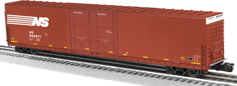 86' Hi-Cube Boxcar 2-Pack - 3-Rail - Ready to Run -- Norfolk Southern #656671, 657223 (Boxcar Red, yellow Conspicuity Marks)-1