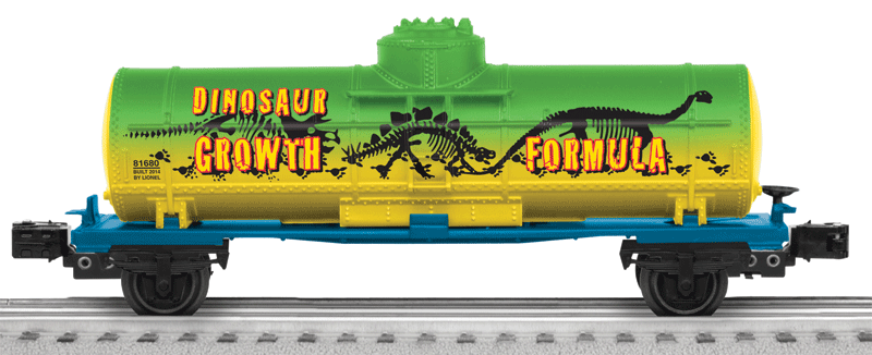2-Axle Single-Dome Tank Car - 3-Rail - Ready to Run - Lionel Junction -- Dinosaur #81680 (green, yellow, black, blue)-1